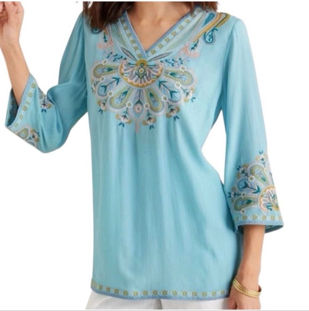 Soft Surroundings $99 Embroidered River Island Tunic Women's Aquamarine L NWT